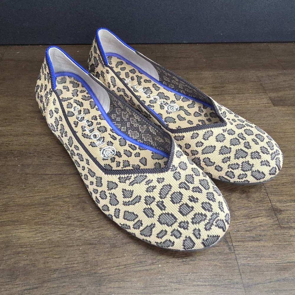 Rothys The‎ Flats Women's 8.5 Spotted Leopard Blue Halo Red Heel DISCONTINUED